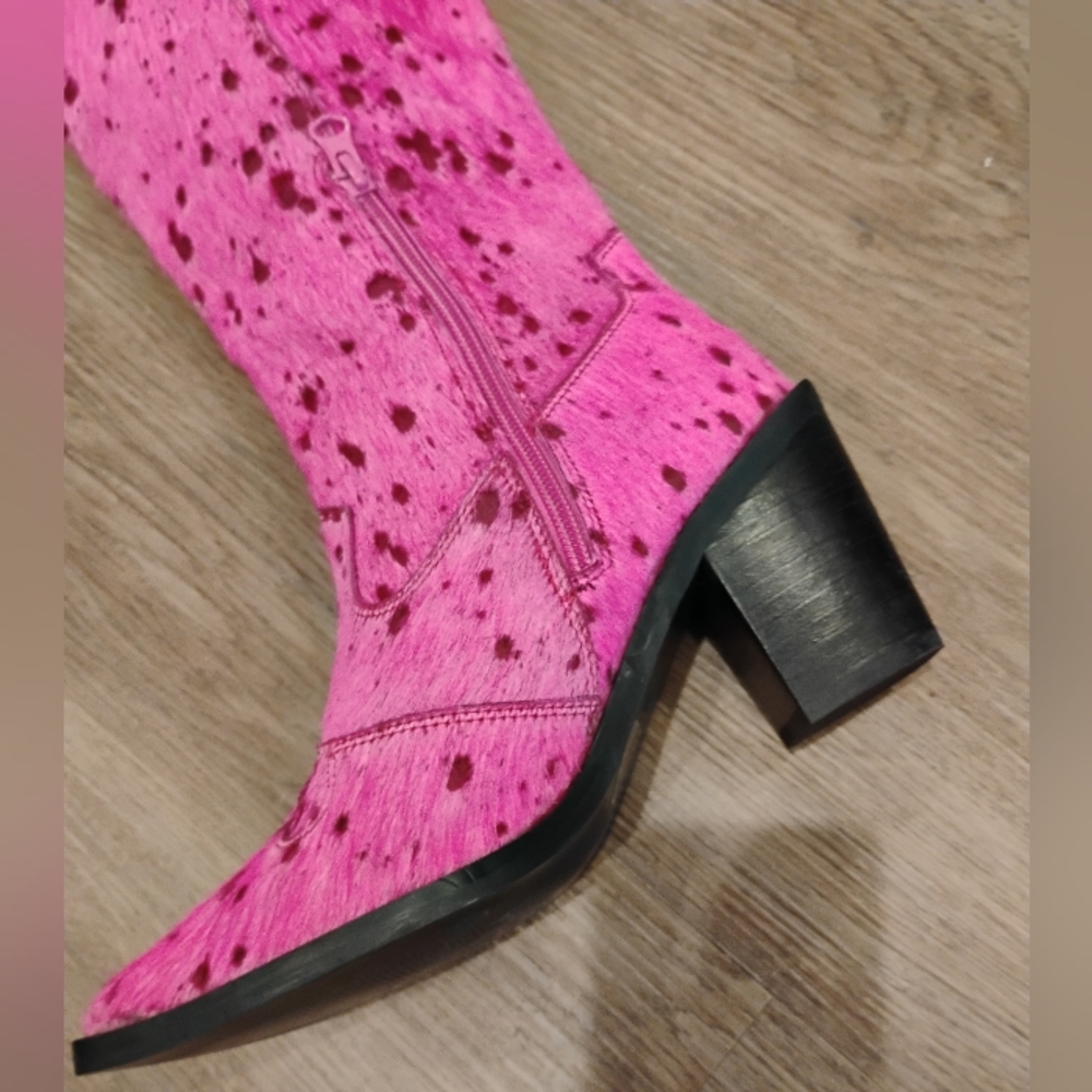 Nasty Gal Hair On Knee High Cerise Pony Skin Fuschia Cowboy Boots NWOT Size 8 - Picture 9 of 10